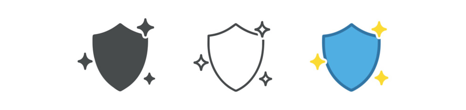 immune support icons three icons with shield and tiny sparkles around one flat solid monochrome one thin black outline black and white one full color flat icon blue with stars