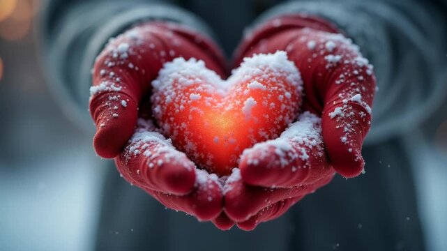 Snow Heart Held in Red Mittens with Bokeh Lights in Winter Wonderland 
