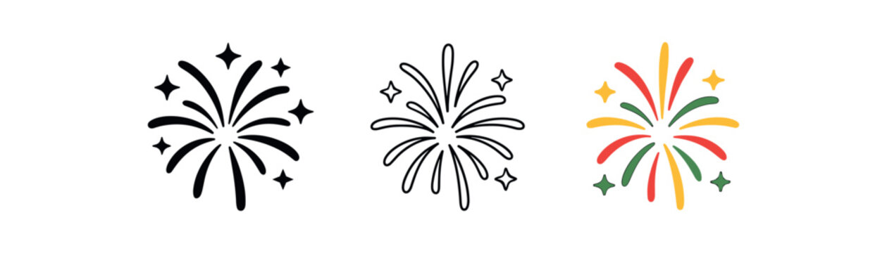 fiesta fireworks icons three explosion silhouettes with spark rays one flat solid monochrome one thin black outline black and white one full color flat icon red and green