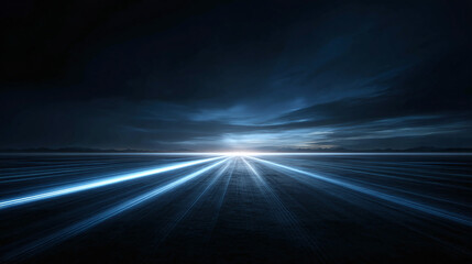 Abstract futuristic light trails fading into the horizon against a dramatic sky