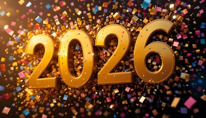 2026 bold golden text with vibrant confetti storm, bright celebration background