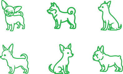 Minimalist Dog Breed Outline Icons Set Featuring Chihuahua Shiba Inu and French Bulldog Posing on a White Background Perfect for Pet Related Designs