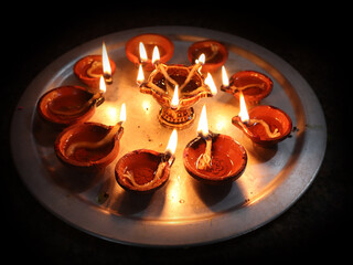 Traditional lamp or agal vilakku with decorations of Indian festival