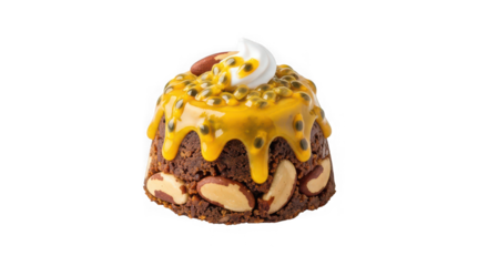 Decadent chocolate cake topped with passion fruit glaze and cream