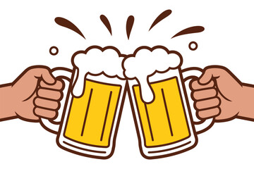 Two hands clink beer mugs together in a toast to celebrate a special occasion.