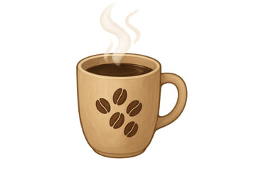 Obraz premium Coffee mug illustrating hot espresso beverage with steam rising and coffee bean design on transparent background