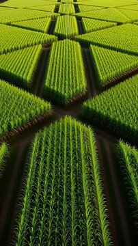 Vibrant green agricultural fields arranged in seamless geometric patterns shown in a cinematic 3D animation, illustrating precision farming and sustainable agriculture concepts.