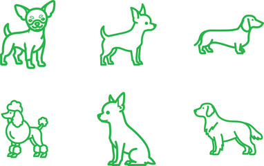 Various Dog Breed Outlines in Green Isolated on White Background Representing Pet Diversity and Breed Specific Characteristics a Charming Vector Graphic Illustration