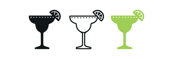 margarita glass icons three cocktail glass silhouettes with simple salt rim and lime slice one flat solid monochrome one thin black outline black and white one full color flat icon lime
