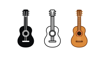 Naklejka premium mexican guitar icons three small guitar silhouettes with sound hole and simple pattern one flat solid monochrome one thin black outline black and white one full color flat icon warm wood