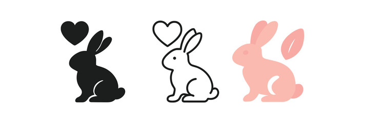 Plakat cruelty free icons three rabbit heart and leaf silhouettes one flat solid monochrome one thin black outline black and white one full color flat icon pink and ivory