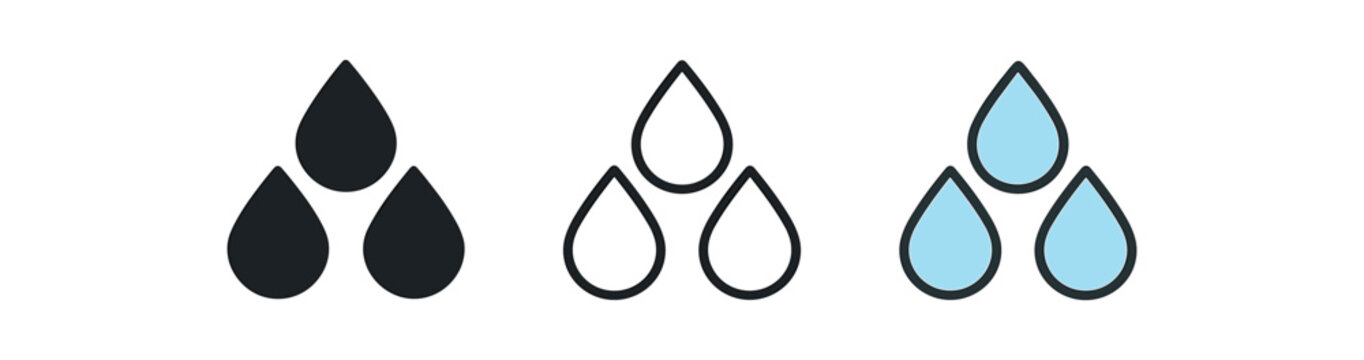 soft water icons three icons with triple droplet arranged triangle one flat solid monochrome one thin black outline black and white one full color flat icon pale blue