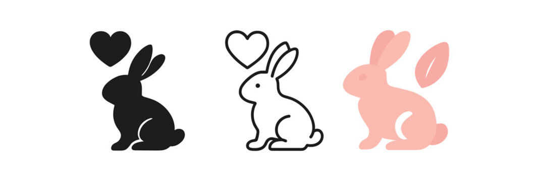 cruelty free icons three rabbit heart and leaf silhouettes one flat solid monochrome one thin black outline black and white one full color flat icon pink and ivory