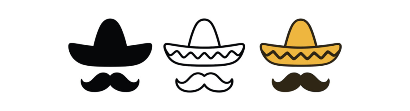 fiesta hat and mustache icons three grouped sombrero and mustache silhouettes one flat solid monochrome one thin black outline black and white one full color flat icon and dark brown