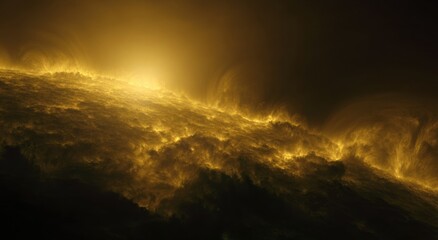 Fototapeta premium Dramatic digital illustration of a sun with golden solar flares, space scene with fire texture