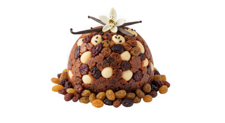 Festive dome shaped fruitcake decorated with nuts and berries