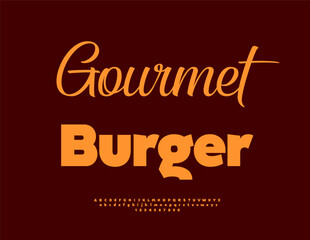 Vector Culinary poster Gourmet Burger. Creative style Font. Trendy Alphabet Letters and Numbers set.
