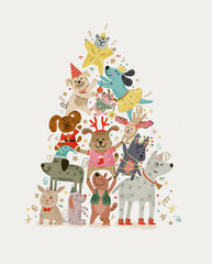 Colorful illustration of happy dogs arranged as a Christmas tree for the holidays