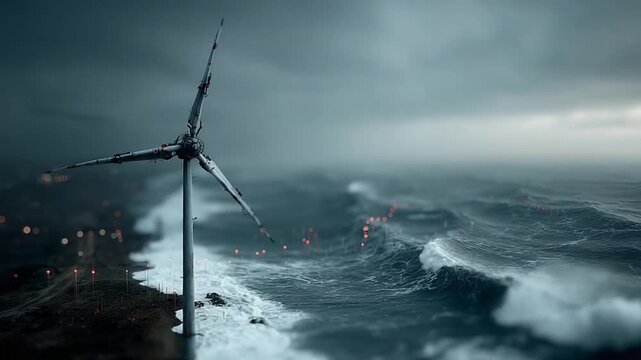 Wind Turbine Overlooking Stormy Ocean Waves at Dusk