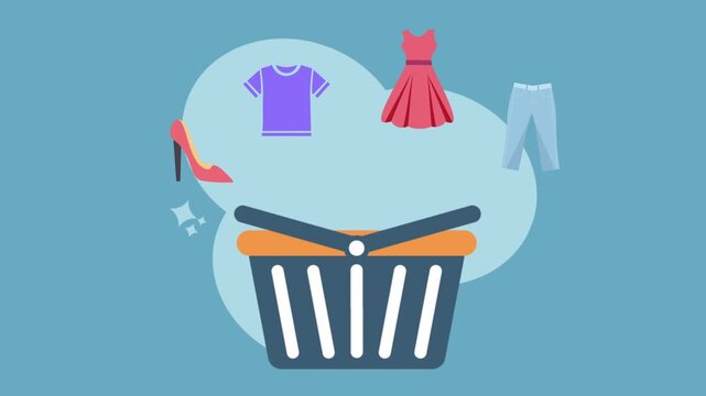 Animated E-commerce Shopping Basket with Fashion Apparel.