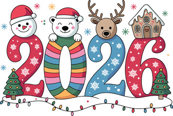 2026 holiday vector, festive character digits, snowman, polar bear, reindeer, gingerbread house, Christmas trees, multicolored lights, seasonal celebration layout
