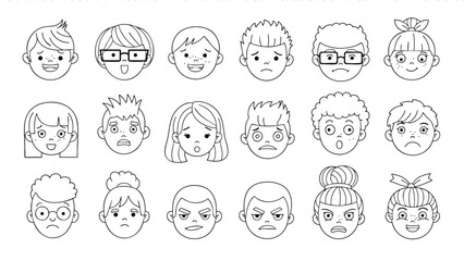 Diverse facial emotion icon set  cartoon characters with various expressions isolated