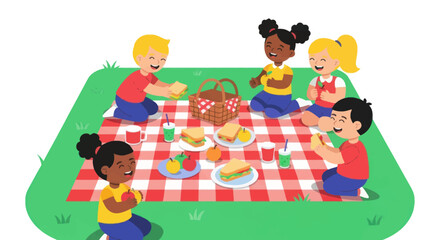 Children Enjoying a Picnic on a Red and White Checkered Blanket.