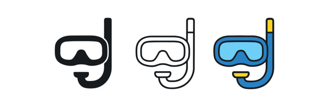 snorkeling icons three mask and snorkel silhouettes grouped one flat solid monochrome one thin black outline black and white one full color flat icon blue and
