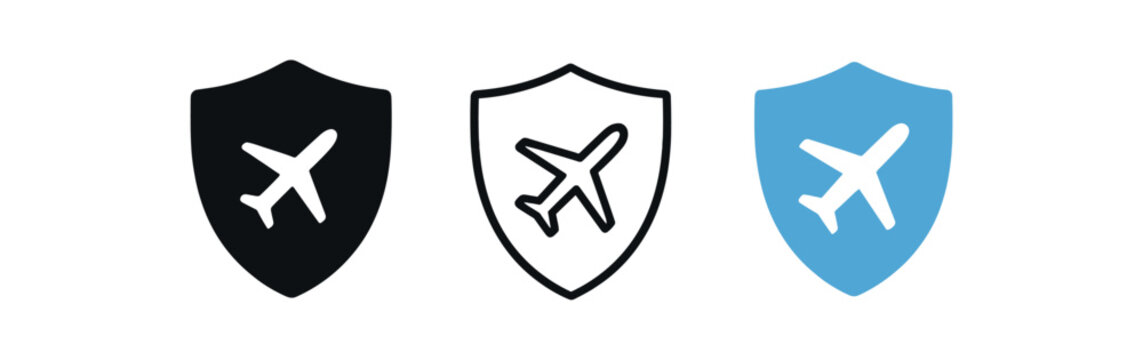 travel insurance icons three shield silhouettes with small airplane inside one flat solid monochrome one thin black outline black and white one full color flat icon blue and white