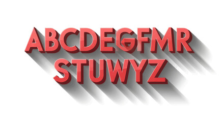 Red Alphabet Letters with Long Shadows on White Background.