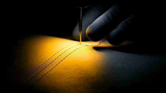 Sewing needle stitching fabric under warm focused light with thread