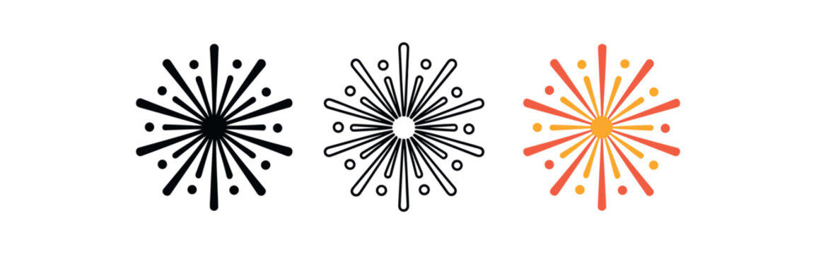 fireworks icons three bursting shape silhouettes with rays and dots one flat solid monochrome one thin black outline black and white one full color flat icon bright warm palette