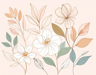 Fototapeta premium elegant minimalist botanical line art illustration of delicate leaves and flowers, clean outlines, soft pastel background, modern wall art style, high-resolution vector aesthetic, calm and natural moo