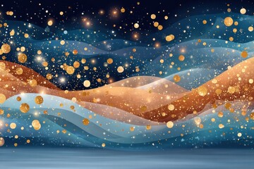Glittering blue waves and gold sparkles create an ethereal abstract background for celebrations and luxury ambience