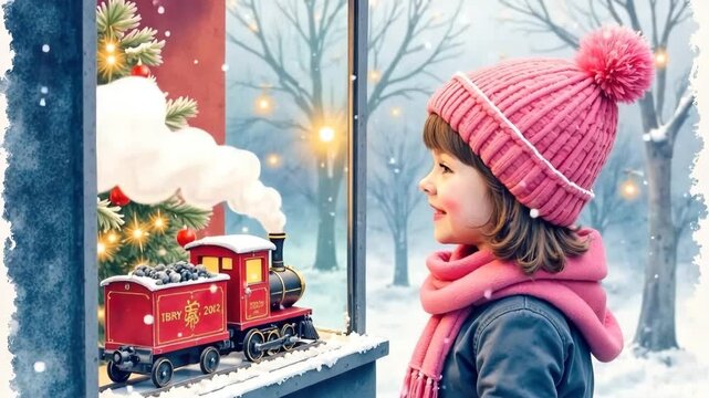 Cartoon little girl stands in front of a christmas shop window with a toy train while snow gently falls. Concept of children illustration, holiday retail concept of toy store marketing.
