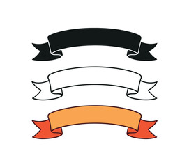 celebration banner icons three long fabric or paper banner silhouettes with folds one flat solid monochrome one thin black outline black and white one full color flat icon warm festive