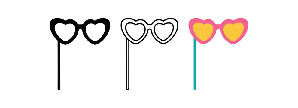party glasses props icons three oversized glasses silhouettes on stick one flat solid monochrome one thin black outline black and white one full color flat icon bright photo booth colors