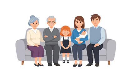 Multigenerational family sitting on a sofa together with grandparents parents and children