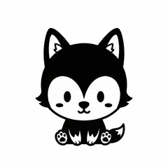 Cute Black and White Cartoon Wolf Cub Sitting Adorably.