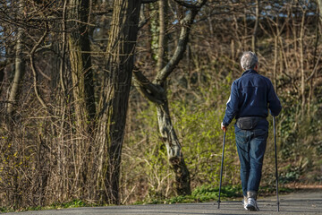 Person geht im Wald mit Gehst&ouml;cken spazieren