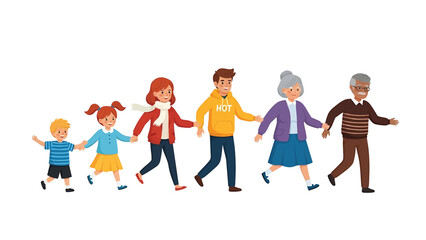 MultiGenerational Family Walking Together Holding Hands Isolated on Transparent Background Illustration