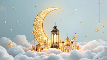 Ramadan kareem background islamic crescent moon mosque lantern stars eid mubarak greeting card design template