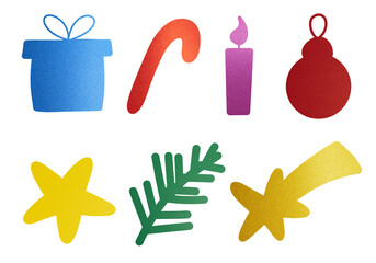 illustration: christmas elements set with gift box, star, fir branch and ball isolated on white or transparent png