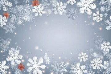 Winter snowflake frame on pale blue background with twinkling lights and red accents for holiday designs