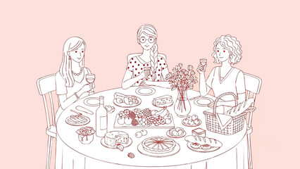 Three women enjoying a delightful dinner party with food and drinks in line art