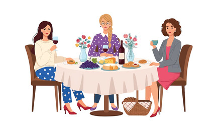 Three women enjoying wine and cheese at a luncheon isolated on transparent background