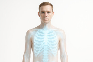 Fototapeta premium AI generated image of a transparent human anatomy with glowing rib cage visualization, modern medical and health technology concept on clean white background.