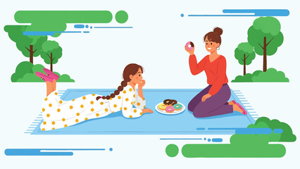 Two young women having a picnic with donuts in a stylized landscape