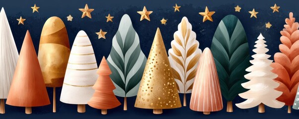 Stylized Christmas trees with gold stars create a festive forest scene for holidays