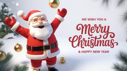 Joyful santa claus with christmas ornaments and festive greeting